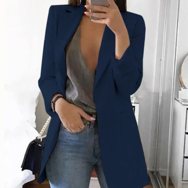 Women Long Sleeve Solid Color Pocket Cardigan Small Suit Jacket - Image 13