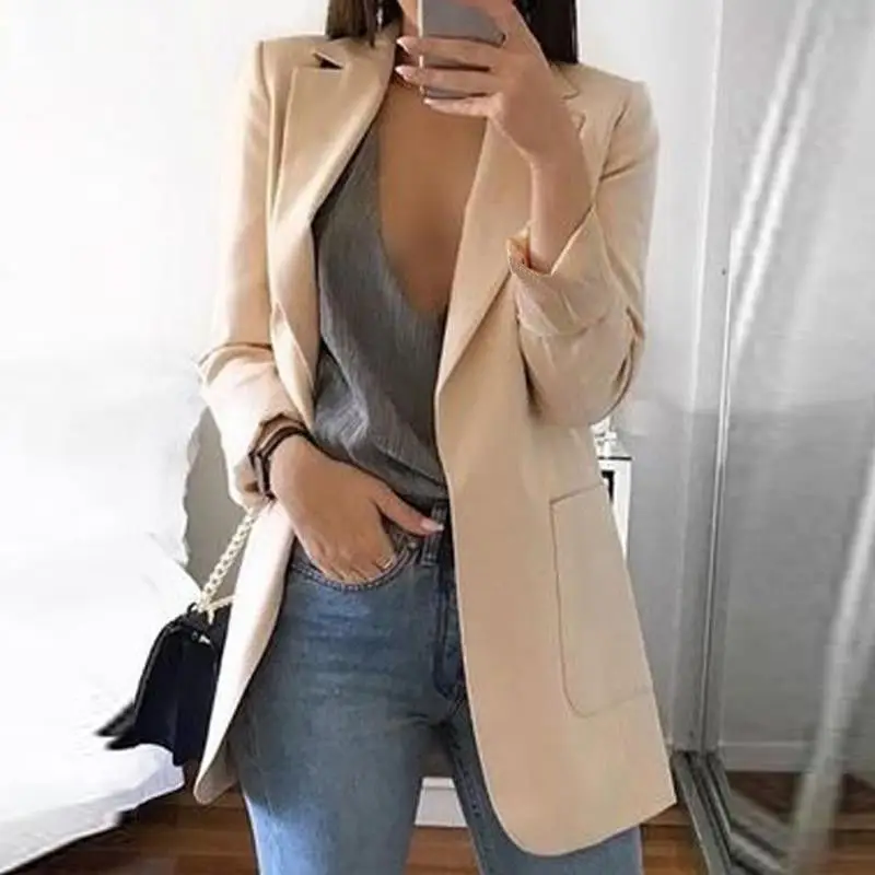Women Long Sleeve Solid Color Pocket Cardigan Small Suit Jacket - Image 22