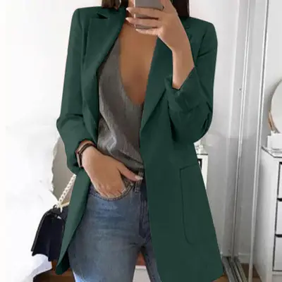 Women Long Sleeve Solid Color Pocket Cardigan Small Suit Jacket - Image 10