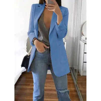 Women Long Sleeve Solid Color Pocket Cardigan Small Suit Jacket - Image 14