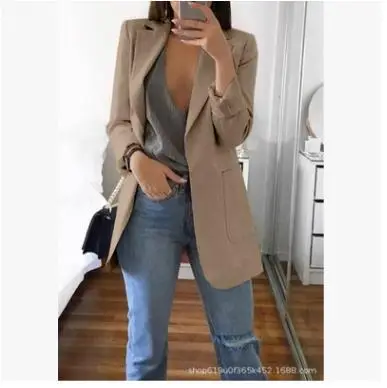 Women Long Sleeve Solid Color Pocket Cardigan Small Suit Jacket - Image 2