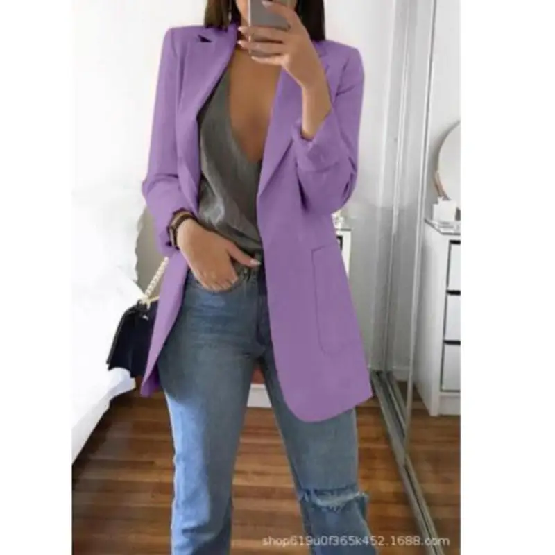 Women Long Sleeve Solid Color Pocket Cardigan Small Suit Jacket - Image 16
