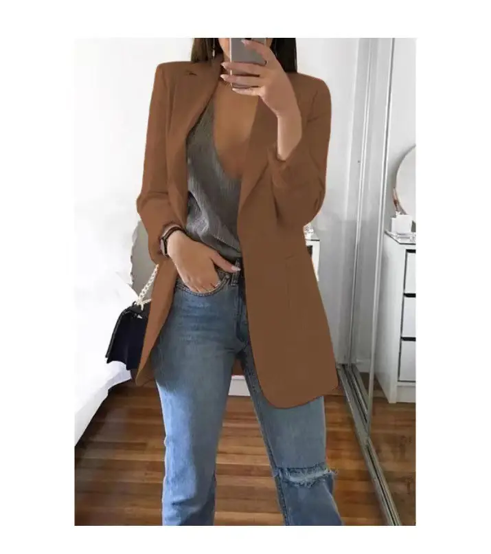 Women Long Sleeve Solid Color Pocket Cardigan Small Suit Jacket - Image 18