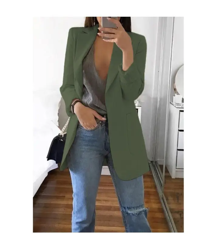 Women Long Sleeve Solid Color Pocket Cardigan Small Suit Jacket - Image 19