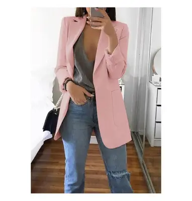 Women Long Sleeve Solid Color Pocket Cardigan Small Suit Jacket - Image 3