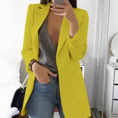 Women Long Sleeve Solid Color Pocket Cardigan Small Suit Jacket - Image 4