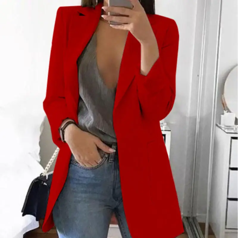 Women Long Sleeve Solid Color Pocket Cardigan Small Suit Jacket - Image 5