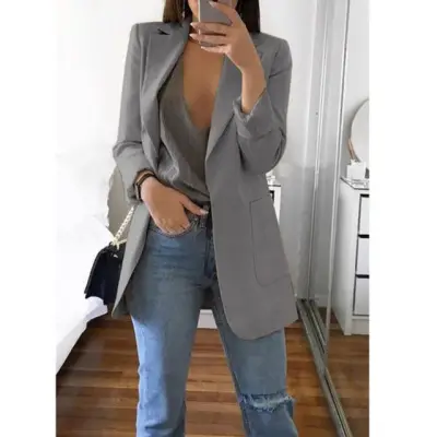 Women Long Sleeve Solid Color Pocket Cardigan Small Suit Jacket - Image 7