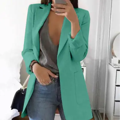 Women Long Sleeve Solid Color Pocket Cardigan Small Suit Jacket - Image 8