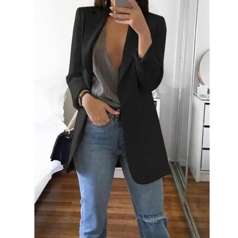 Women Long Sleeve Solid Color Pocket Cardigan Small Suit Jacket - Image 9