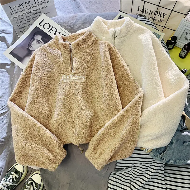 Women Velvet Padded Lambskin Coat Beige Winter Warm — feature 18