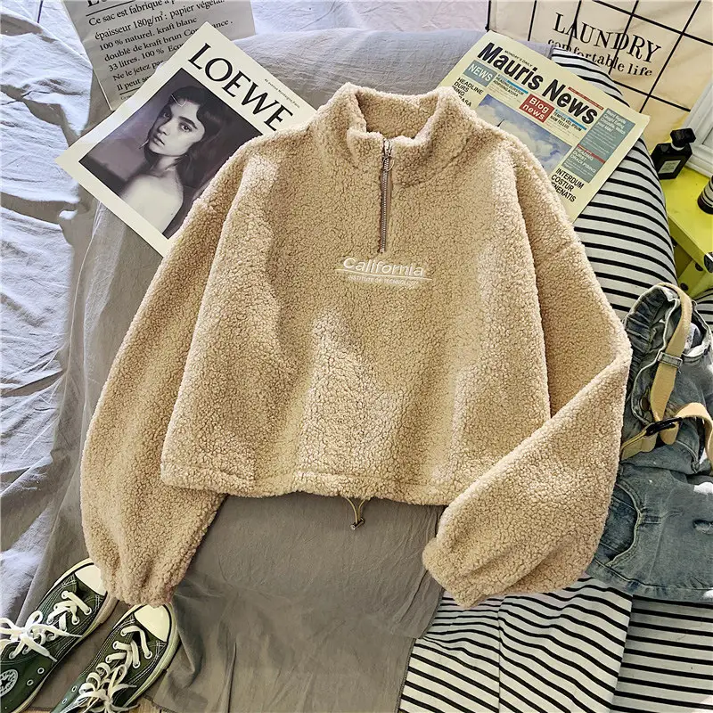 Women Velvet Padded Lambskin Coat Beige Winter Warm — feature 8