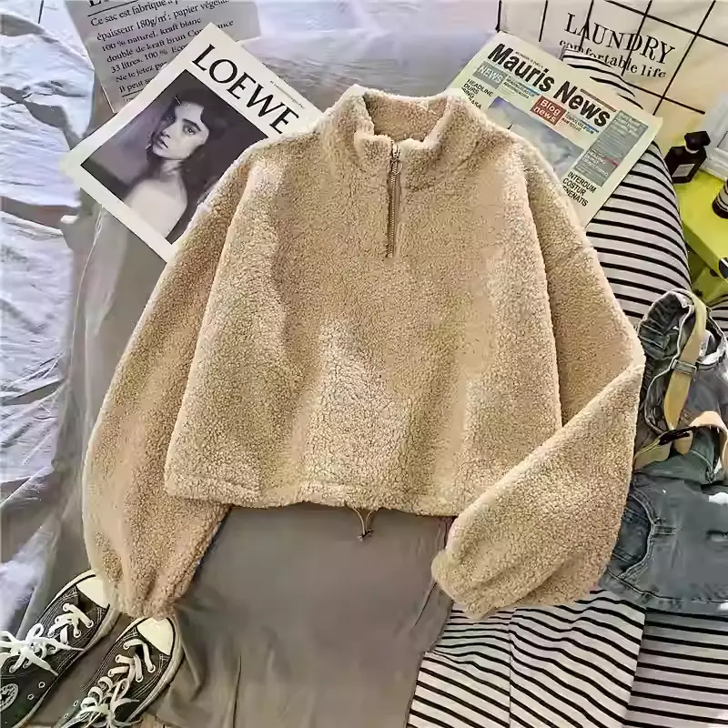 Women Velvet Padded Lambskin Coat Beige Winter Warm