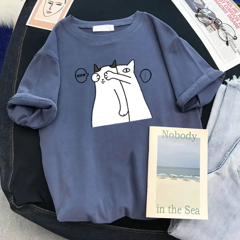 Black Cotton Student T-Shirt with Cute Cat Print
