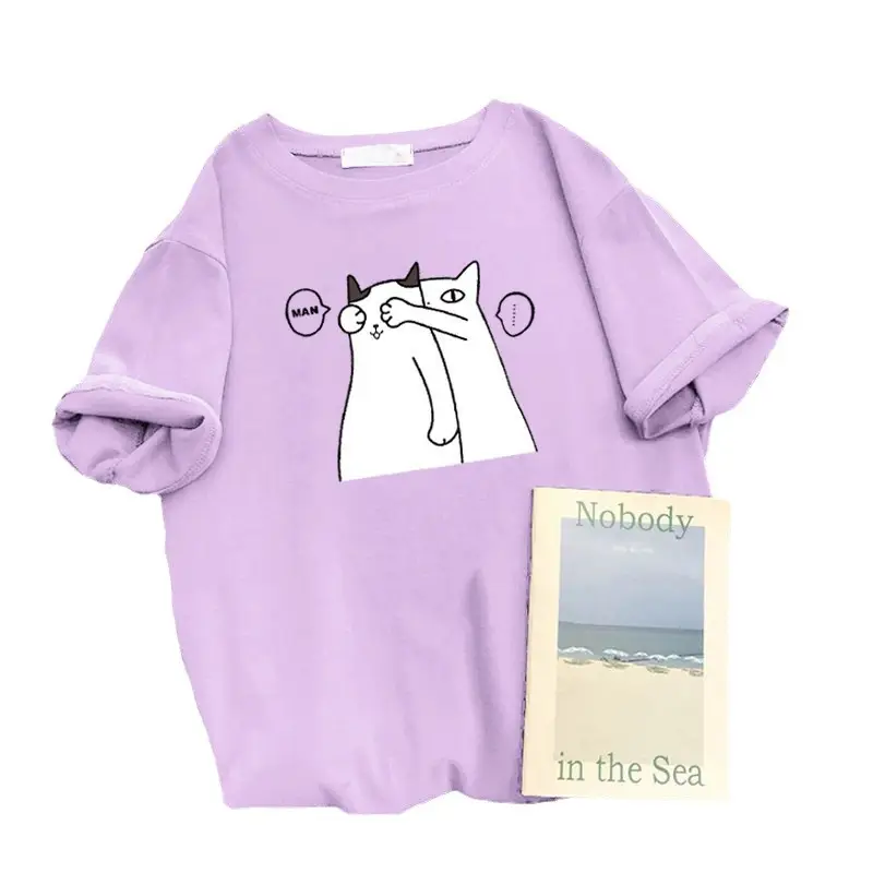 Black Cotton Student T-Shirt with Cute Cat Print - Image 11