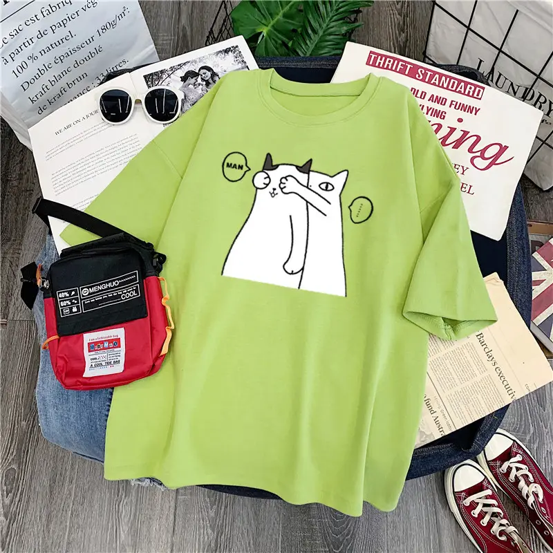 Black Cotton Student T-Shirt with Cute Cat Print — feature 2
