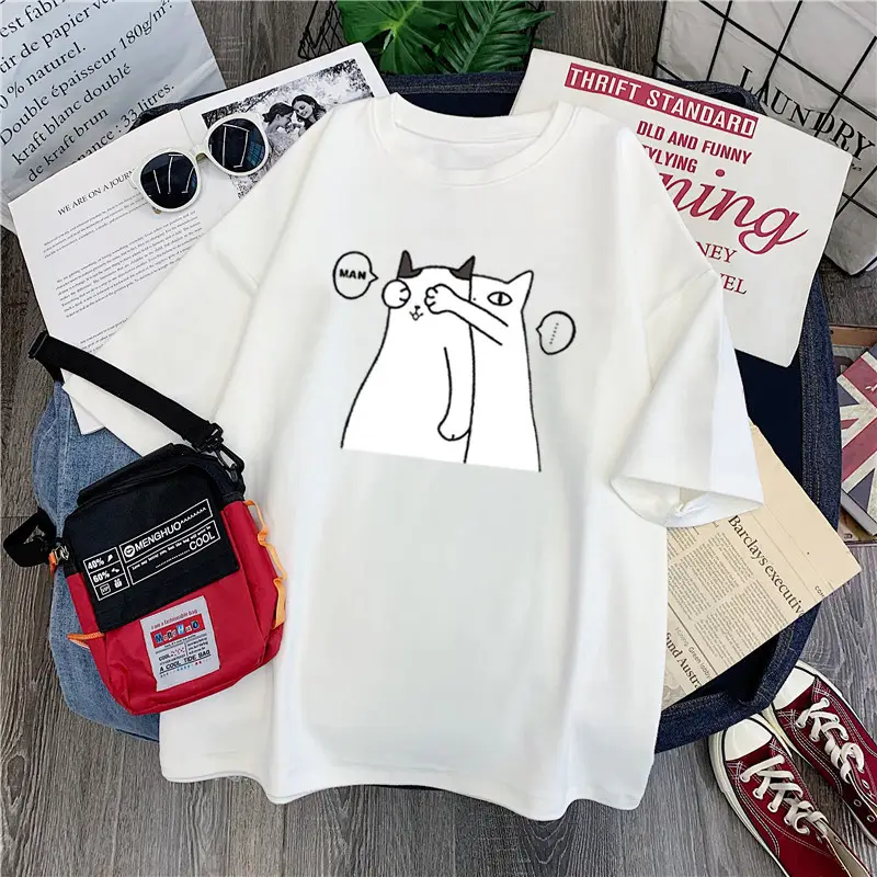 Black Cotton Student T-Shirt with Cute Cat Print — feature 5
