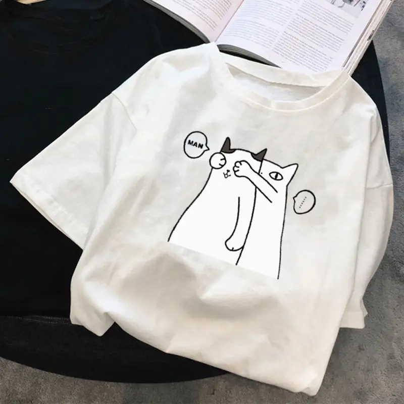 Black Cotton Student T-Shirt with Cute Cat Print - Image 2