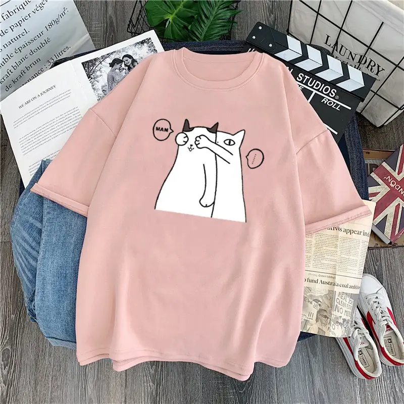 Black Cotton Student T-Shirt with Cute Cat Print - Image 4