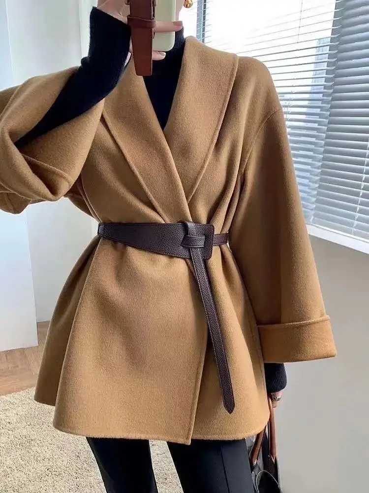 Women's Tan Belted Coat with Slim Waist - Image 3