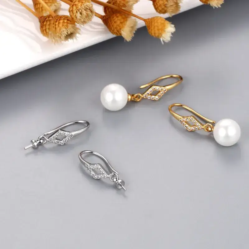 Gold Pearl Earrings with Diamond Inlay Hook - Image 6