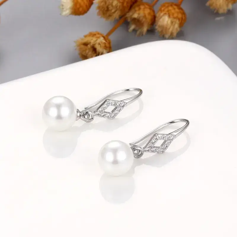 Gold Pearl Earrings with Diamond Inlay Hook - Image 7