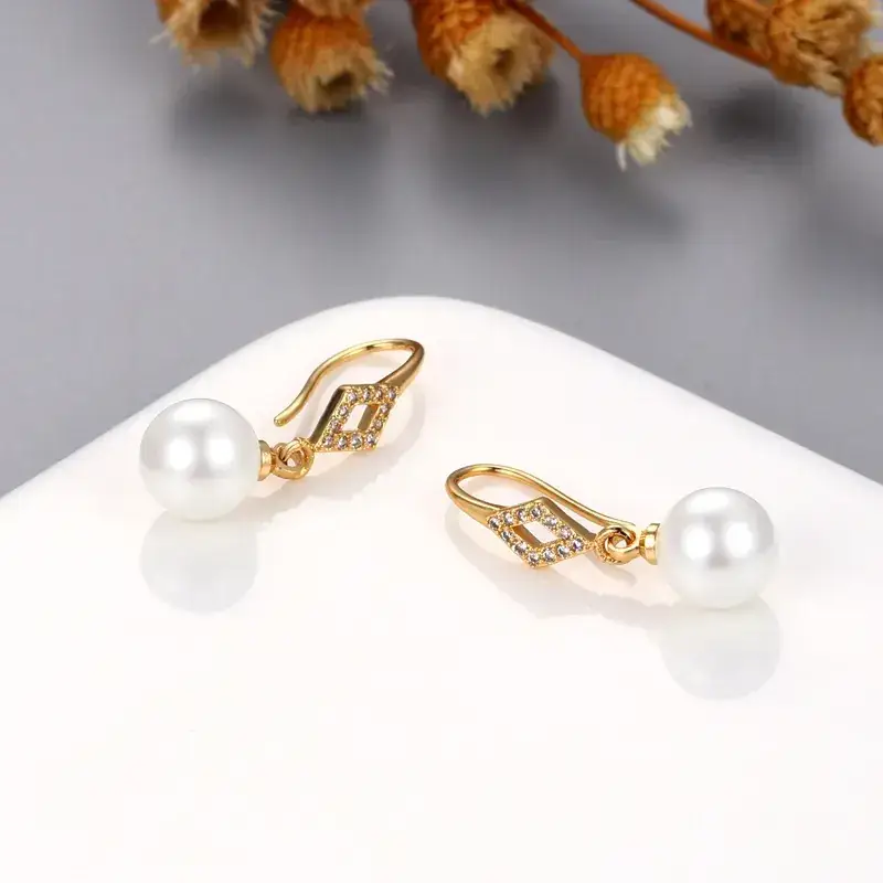 Gold Pearl Earrings with Diamond Inlay Hook - Image 8
