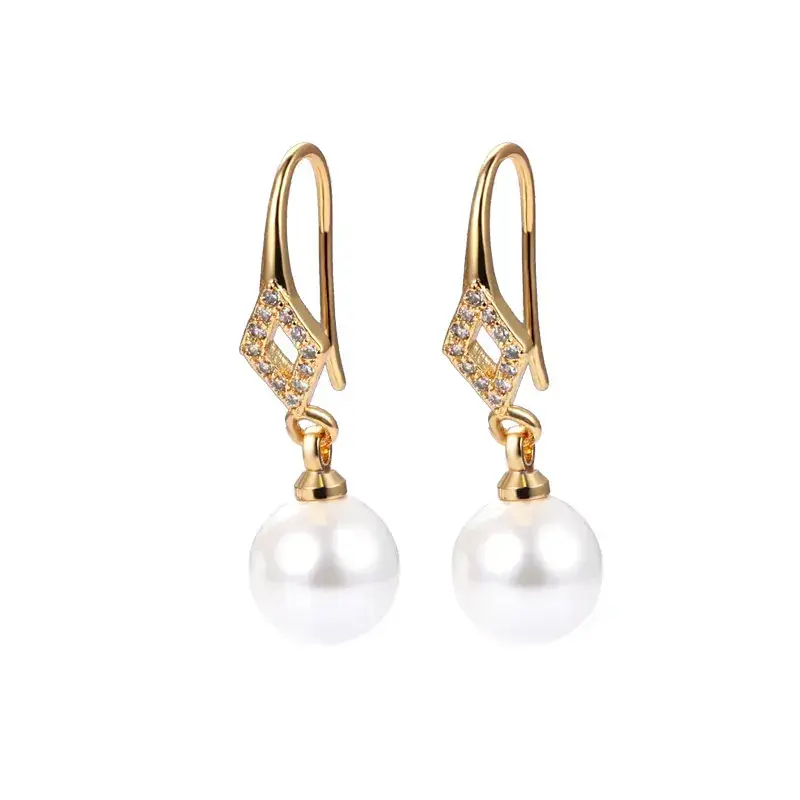 Gold Pearl Earrings with Diamond Inlay Hook - Image 9