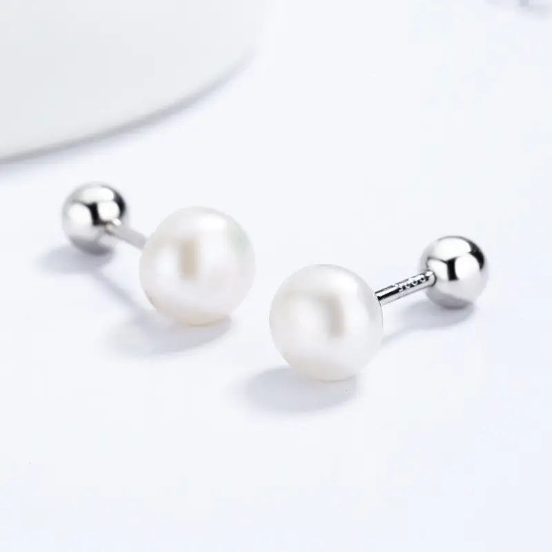 Women S925 Sterling Silver Pearl Screw Buckle Earrings - Image 3