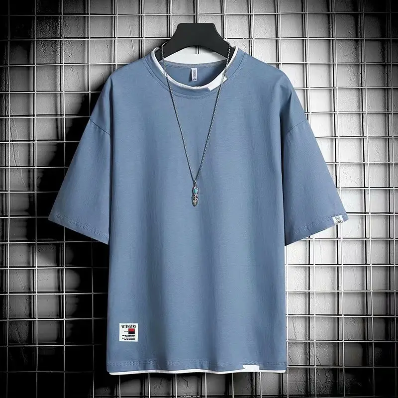 Men Black T-Shirt Hong Kong Style Loose Cool Round Neck