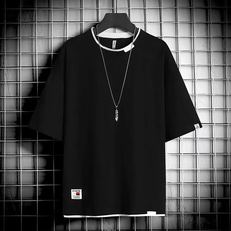 Men Black T-Shirt Hong Kong Style Loose Cool Round Neck - Image 7