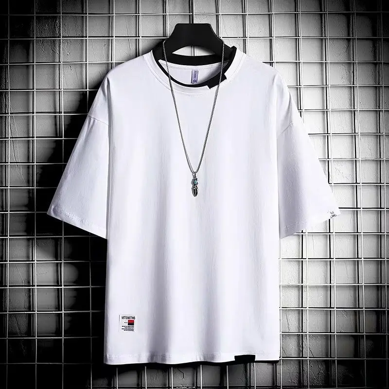 Men Black T-Shirt Hong Kong Style Loose Cool Round Neck - Image 8