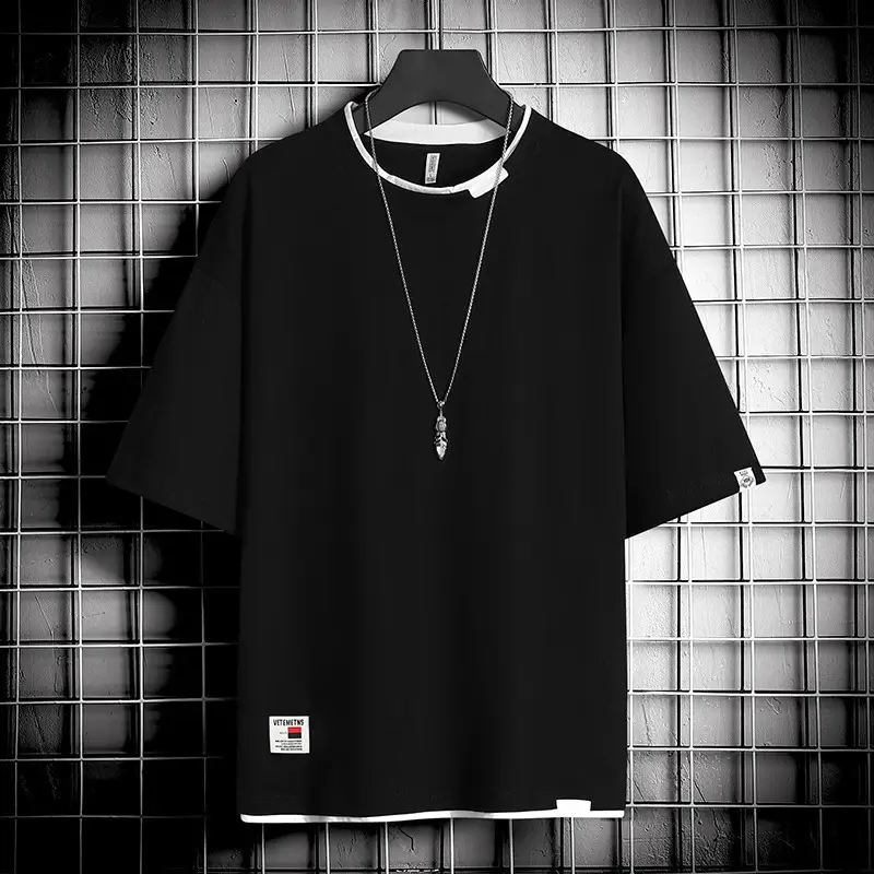 Men Black T-Shirt Hong Kong Style Loose Cool Round Neck - Image 2