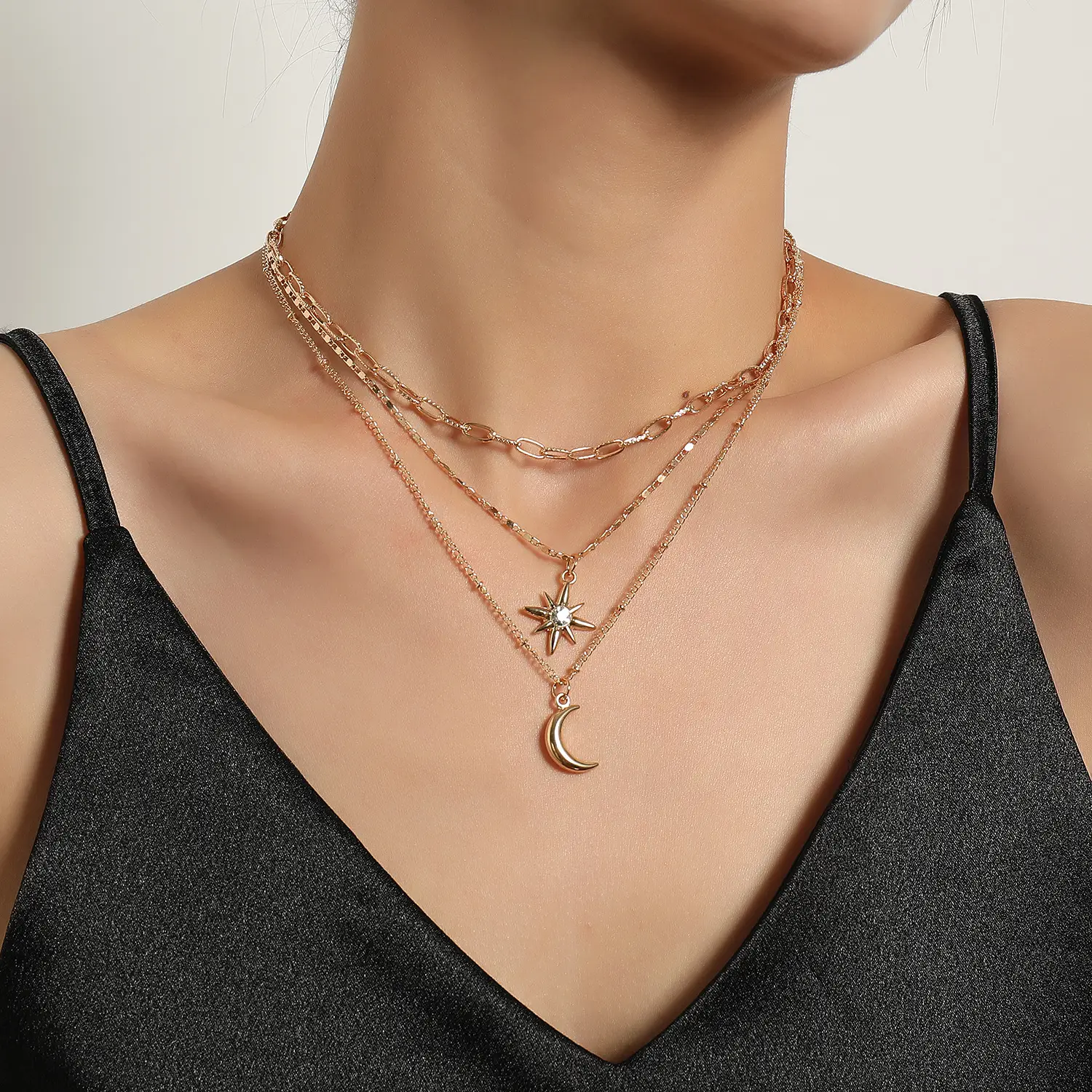 Silver Moon Crescent Multi Layered Necklace for Women