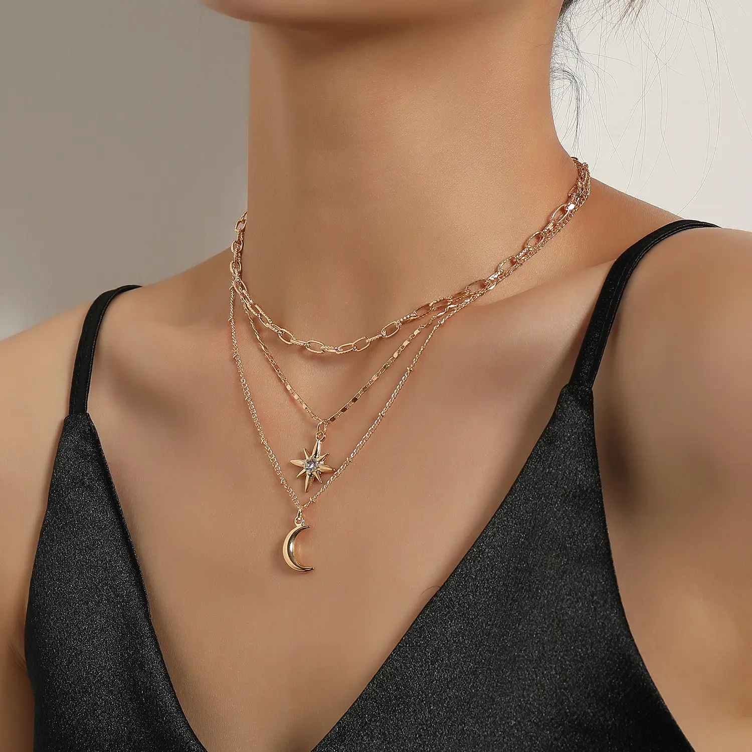 Silver Moon Crescent Multi Layered Necklace for Women