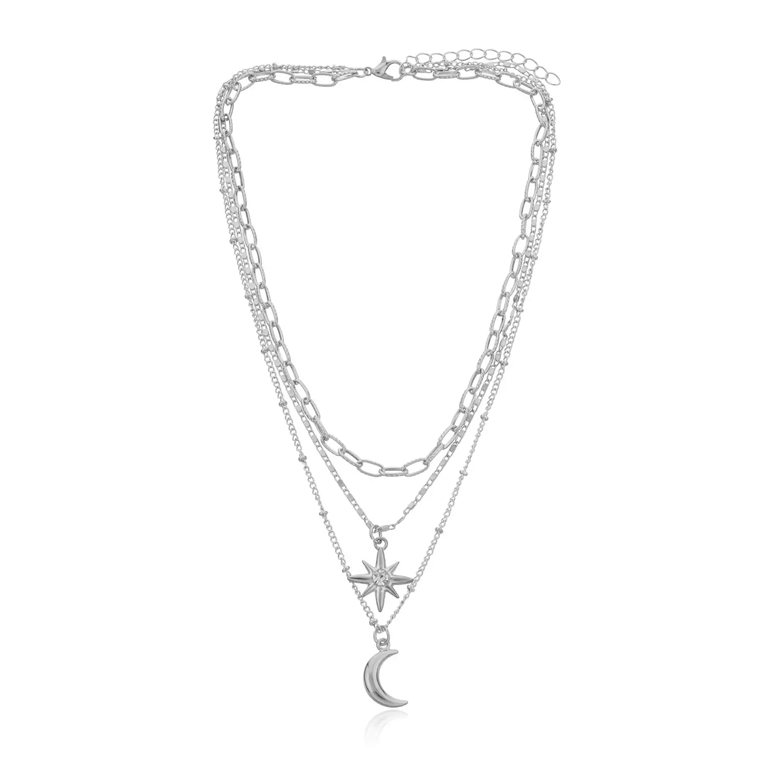 Silver Moon Crescent Multi Layered Necklace for Women
