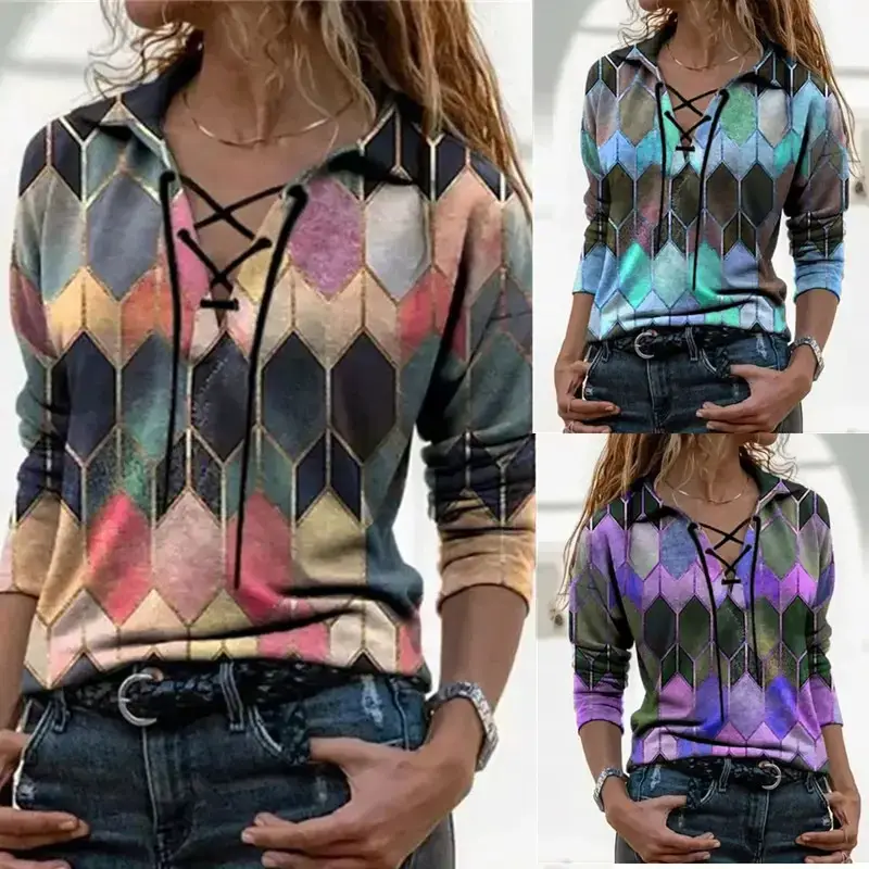 2024 Spring Printed Long Sleeve V-Neck T-Shirt for Women - Image 5
