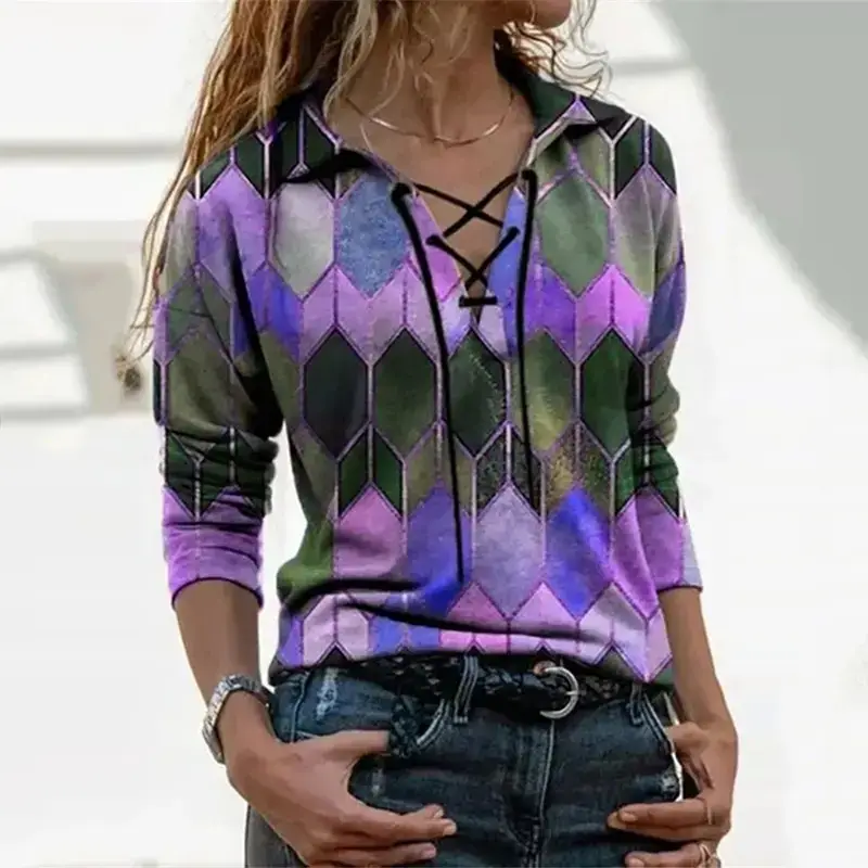 2024 Spring Printed Long Sleeve V-Neck T-Shirt for Women - Image 7