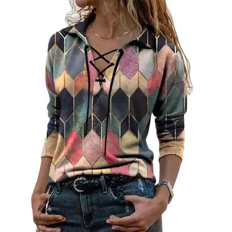 2024 Spring Printed Long Sleeve V-Neck T-Shirt for Women - Image 8