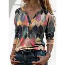 2024 Spring Printed Long Sleeve V-Neck T-Shirt for Women — feature 31
