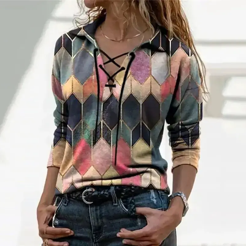 2024 Spring Printed Long Sleeve V-Neck T-Shirt for Women - Image 2