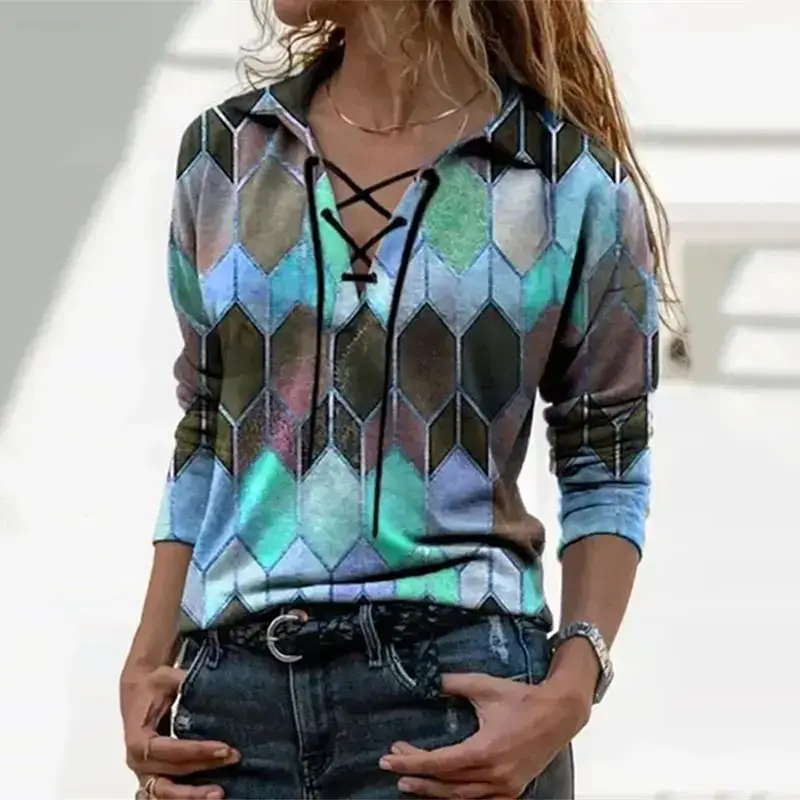 2024 Spring Printed Long Sleeve V-Neck T-Shirt for Women - Image 3