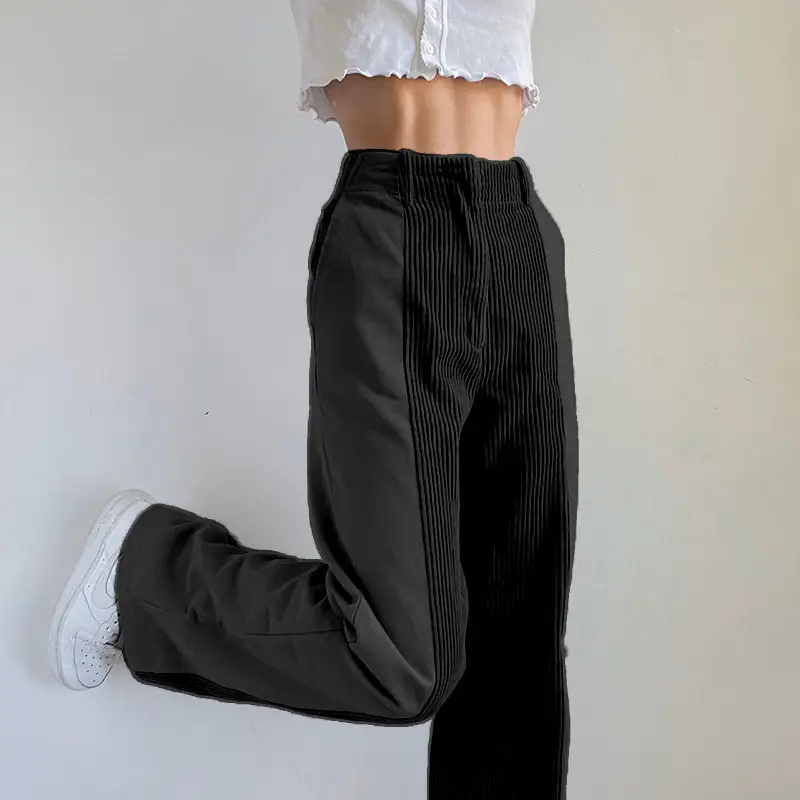 Women's Black Corduroy Slim Fit High Waist Trousers - Image 4