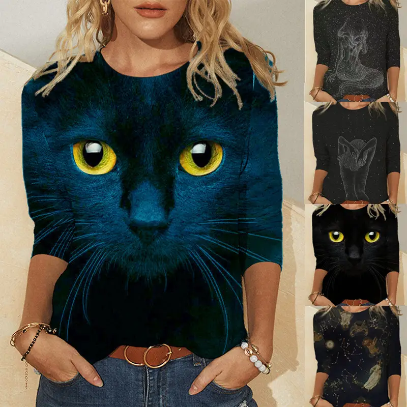 2020 Printed Cat Eye Long Sleeve T-Shirt Women - Image 6
