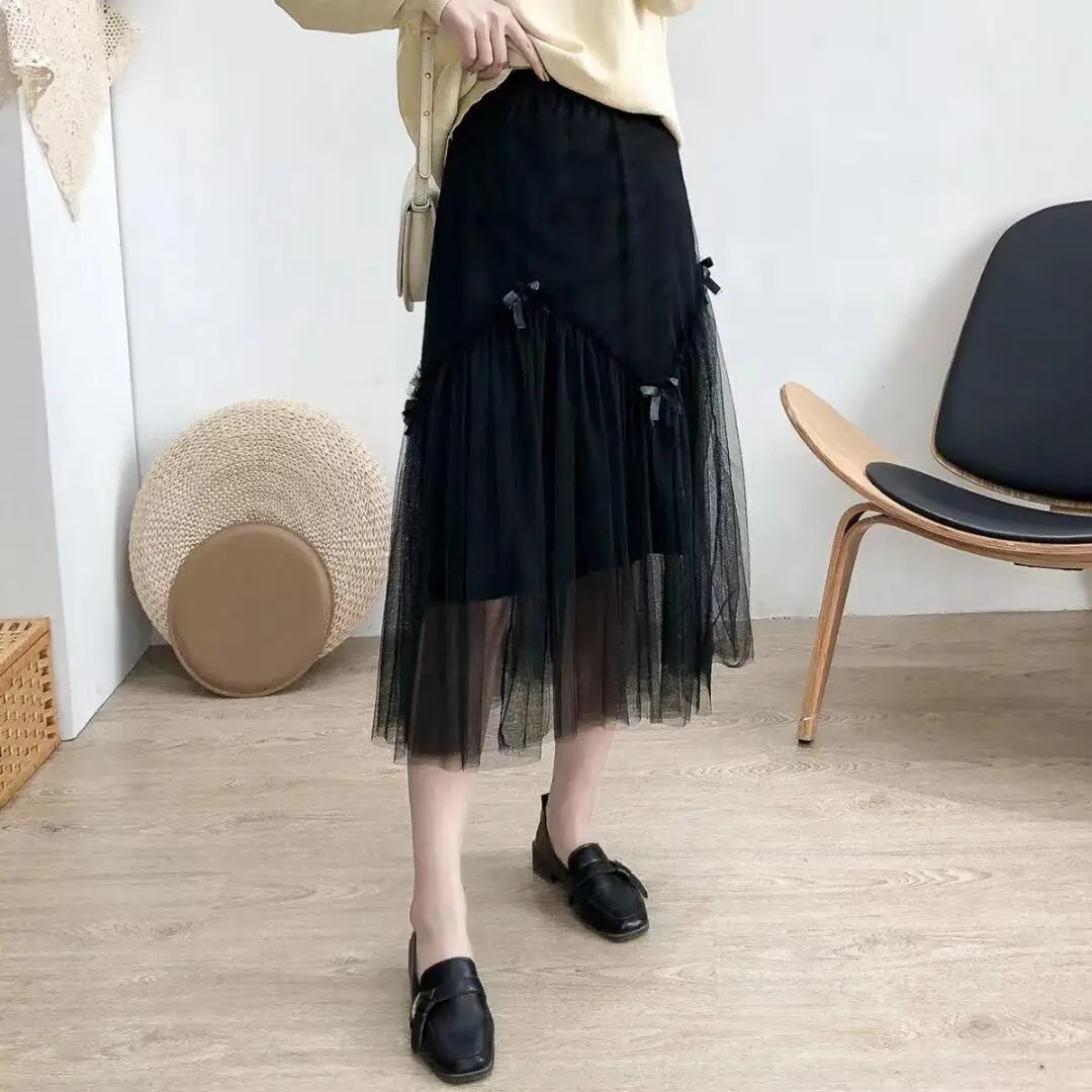 Early Spring Mesh Skirt High Waist Bow Stitching - Image 2