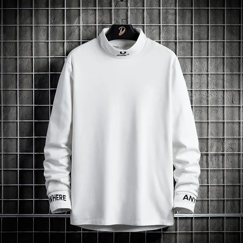 White Long Sleeve T-Shirt with Fleece Half Collar - Image 7