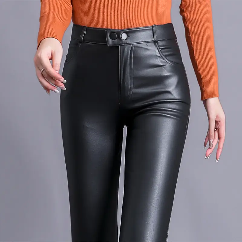 Women Matte Leather Slimming Black High Waist Pants - Image 4