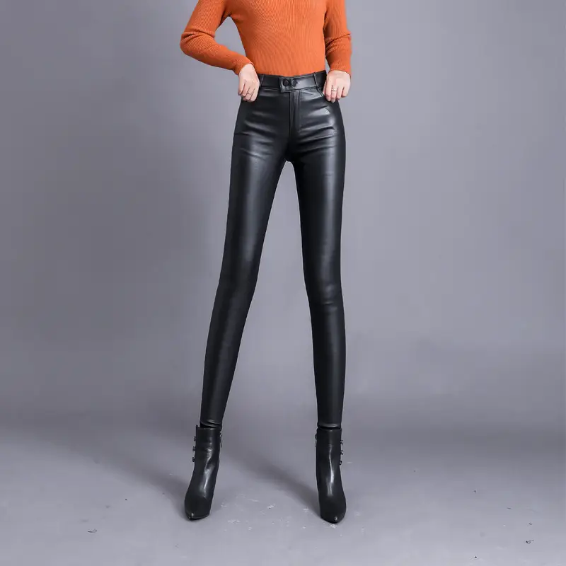 Women Matte Leather Slimming Black High Waist Pants - Image 5