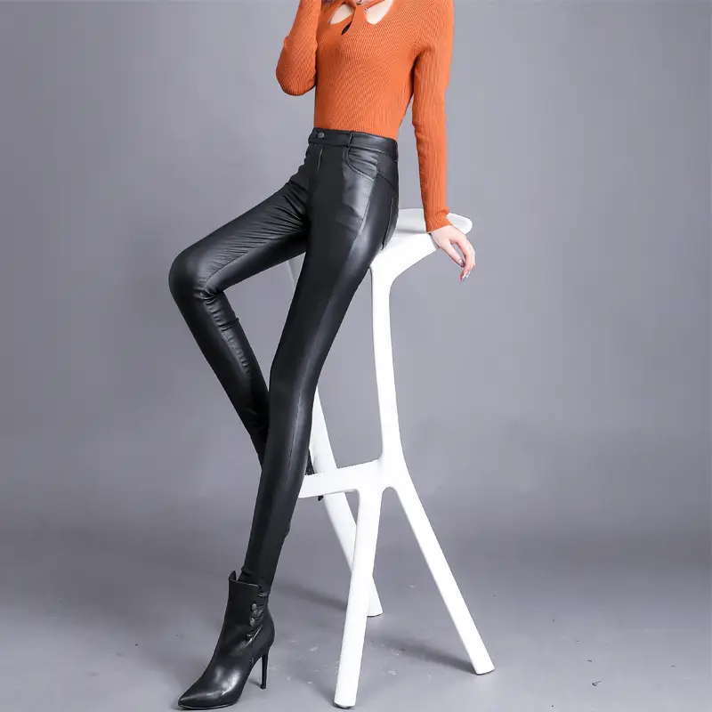 Women Matte Leather Slimming Black High Waist Pants - Image 6