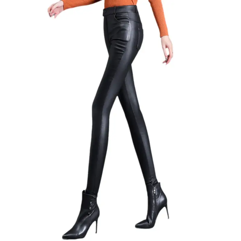 Women Matte Leather Slimming Black High Waist Pants - Image 7